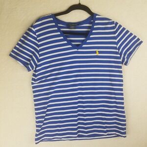 Ralph Lauren Sport‎ Blue White Stripe V Neck T Shirt Yellow Pony Logo XL